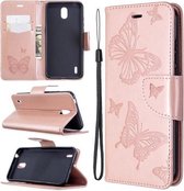 Voor Nokia 1.3 Two Butterflies Embossing Pattern Horizontale Flip Leather Case met houder & kaartsleuf & portemonnee & lanyard (goud)