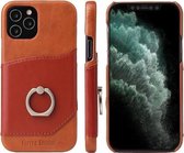 Voor iPhone 12 Pro Max Fierre Shann Oil Wax Texture Echt lederen achterkant van de behuizing met 360 graden rotatiehouder & kaartsleuf (lichtbruin + donkerbruin)