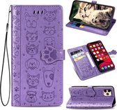 Voor iPhone 11 Pro Leuke kat en hond reliëf horizontale flip PU lederen tas met houder / kaartsleuf / portemonnee / lanyard (paars)