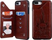 Voor iPhone 8 Plus / 7 Plus Skull Head Embossing Pattern Schokbestendige beschermhoes met houder & kaartsleuven en portemonnee (bruin)