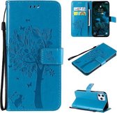 Voor iPhone 12 Pro Max Tree & Cat Reliëfpatroon Horizontale Flip Leren Case met Houder & Kaartsleuven & Portemonnee & Lanyard (Blauw)