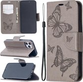 Voor iPhone 12 Pro Max Embossing Two Butterflies Pattern Horizontale Flip PU Leather Case met houder & kaartsleuf & portemonnee & lanyard (grijs)