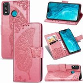 Voor Huawei Honor 9X Lite Butterfly Love Flower Reliëf Horizontale Flip Leren Case met Beugel / Kaartsleuf / Portemonnee / Lanyard (Roze)