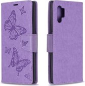 Twee vlinders reliëfpatroon horizontale flip lederen tas met houder & kaartsleuf & portemonnee & lanyard voor Galaxy Note10 + (paars)