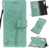 Tree & Cat Pattern Pressed Printing Horizontale Flip PU lederen tas met houder & kaartsleuven & portemonnee & lanyard voor Galaxy Note10 (groen)