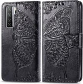 Voor Huawei Nova 7 SE / P40 Lite 5G Vlinder Liefde Bloem Reliëf Horizontale Flip Leren Case met Beugel / Kaartsleuf / Portemonnee / Lanyard (Zwart)