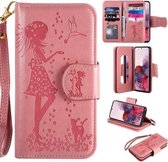 Voor Samsung Galaxy S20 vrouw en kat reliëf horizontale flip lederen tas, met kaartsleuven & houder & portemonnee & fotolijst & spiegel & lanyard (roze)