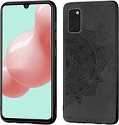 Voor Samsung Galaxy A41 Mandala in reliëf gemaakte stoffen hoes PC + TPU mobiele telefoonhoes met magnetische functie en draagriem (zwart)