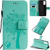 Voor Galaxy S20 Tree & Cat Pattern Pressed Printing Horizontale Flip PU lederen tas met houder & kaartsleuven & portemonnee & lanyard (groen)