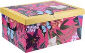 Opbergdoos/opberg box van karton met bloemen print geel 51 x 37 x 24 cm - Inhoud 45 liter - Doos met deksel en handvatten