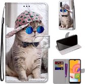 Voor Samsung Galaxy A01 Gekleurde Tekening Cross Textuur Horizontale Flip PU Lederen Case met Houder & Kaartsleuven & Portemonnee & Lanyard (Schuine Hoed Blauwe Spiegel Kat)