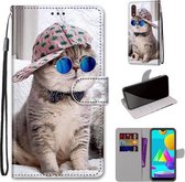 Voor Samsung Galaxy M01 Gekleurde Tekening Cross Textuur Horizontale Flip PU Lederen Case met Houder & Kaartsleuven & Portemonnee & Lanyard (Schuine Hoed Blauwe Spiegel Kat)