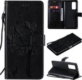 Voor Xiaomi Mi 10T / 10T Pro Tree & Cat Pattern Pressed Printing Horizontale Flip PU lederen tas met houder & kaartsleuven & portemonnee & Lanyard (zwart)