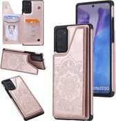Voor Samsung Galaxy Note20 bloem reliëf patroon schokbestendig beschermhoes met houder & kaartsleuven & fotolijst (rose goud)
