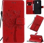 Voor Xiaomi Redmi 8A Boom & Kat Patroon Geperst Afdrukken Horizontale Flip PU Lederen Case met Houder & Kaartsleuven & Portemonnee & Lanyard (Rood)