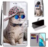 Voor Xiaomi Redmi Note 9 5G / Note 9T Gekleurde tekening Cross Texture Horizontale Flip PU lederen tas met houder & kaartsleuven & portemonnee & lanyard (Slant Hat Blue Mirror Cat)