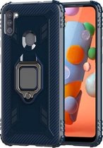 Voor Samsung Galaxy A11 (Amerikaanse versie) koolstofvezel beschermhoes met 360 graden roterende ringhouder (blauw)