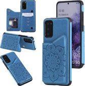 Voor Samsung Galaxy S20 bloem reliëf patroon schokbestendig beschermhoes met houder & kaartsleuven & fotolijst (blauw)