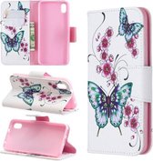 Gekleurde tekening patroon horizontale flip lederen tas met houder & kaartsleuven & portemonnee voor Xiaomi Redmi 7A (perzik bloesem en vlinder)