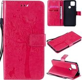 Voor Google Pixel 4a 5G / Pixel 5 XL Boom & Kat Reliëfpatroon Horizontale Flip Leren Case met Houder & Kaartsleuven & Portemonnee & Lanyard (Rose Rood)