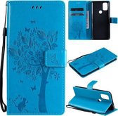 Voor OnePlus Nord N10 5G Tree & Cat Pattern Pressed Printing Horizontale Flip PU lederen hoes met houder & kaartsleuven & portemonnee & lanyard (blauw)