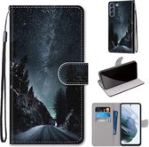 Voor Samsung Galaxy S21 FE Gekleurde Tekening Cross Textuur Horizontale Flip PU Lederen Case met Houder & Kaartsleuven & Portemonnee & Lanyard (Mountain Road Sterrenhemel)