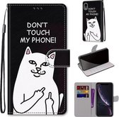 Gekleurde tekening Cross Texture Horizontale Flip PU lederen tas met houder & kaartsleuven & portemonnee & lanyard voor iPhone XR (middelvinger witte kat)