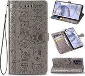 Voor Huawei Honor 30 Mooie Kat en Hond Embossing Patroon Horizontale Flip Leren Hoes, met Houder & Kaartsleuven & Portemonnee & Cartoon Sluiting & Lanyard (Grijs)