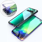 Ultra slanke dubbele zijden magnetische adsorption hoek frame gehard glas magneet flip case voor Galaxy S10 +, scherm vingerafdruk ontgrendelen wordt ondersteund (zwart blauw)