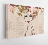 Art colorful sketched beautiful girl face in mixed media style with brown, red, orange and old gold floral curly hair on sepia background with word fashion, style, model. - Modern