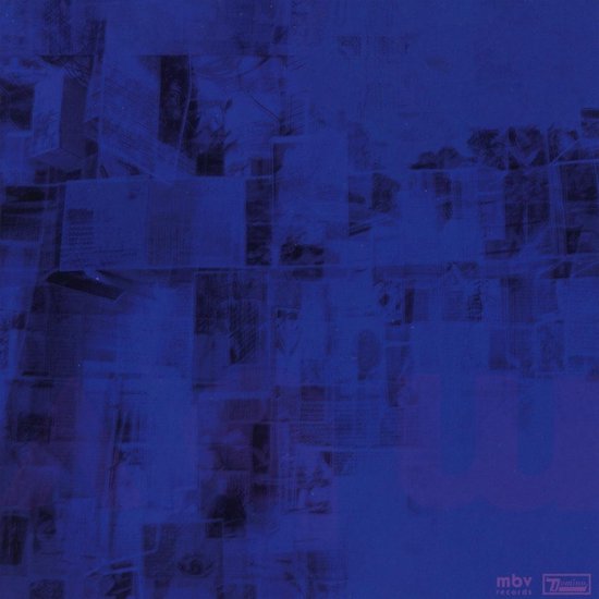 Blauwe achtergrond met een collage van beelden en het 'mbv domino records' logo rechtsonder.