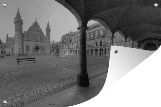 Tuinposter - Tuindoek - Tuinposters buiten - Nederlandse historische parlementsgebouwen in Den Haag - zwart wit - 120x80 cm - Tuin