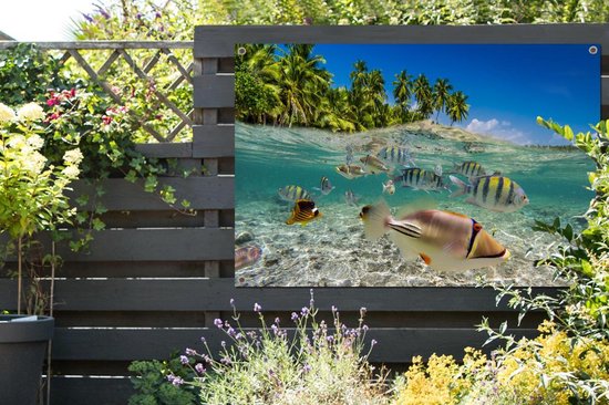 Tuinposter 120x80 cm - Tuindecoratie Strand - Vissen - Tropisch - Poster voor in de tuin - Buiten decoratie - Schutting tuinschilderij - Tuindoek muurdecoratie - Wanddecoratie balkondoek