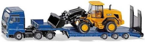 Foto: Siku 1790 man vrachtwagen met dieplader en jcb shovel 1 87 metaal kunststof blauw geel opklapbare oprijplaat beweegbare arm