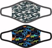 2 Mondkapjes Sharks/Camouflage 4-9 jaar - herbruikbaar