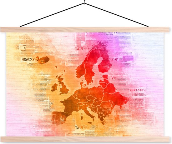 Posterhanger incl. Poster - Schoolplaat - Kaart - Europa - Kleurrijk - 150x100 cm - Blanke latten