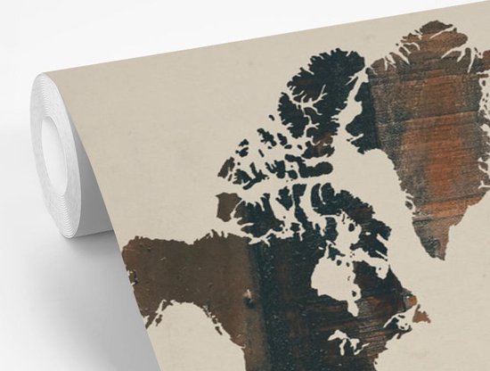 Wereldkaart du bois foncé avec une rose des vents sur fond rose | Wereldkaart en bois 390x260 cm