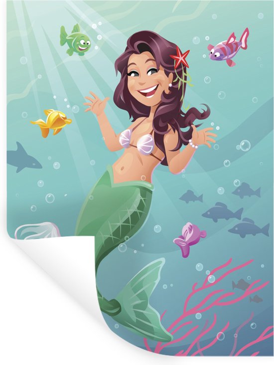 Muurstickers - Sticker Folie - Illustratie van een zeemeermin in de oceaan - 60x80 cm - Plakfolie - Muurstickers Kinderkamer - Zelfklevend Behang - Zelfklevend behangpapier - Stickerfolie