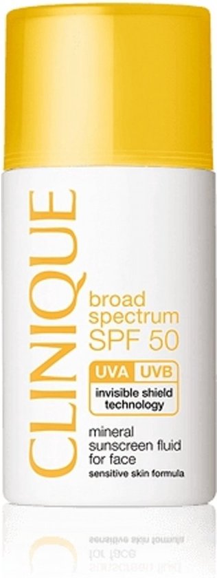 Clinique broad spectrum SPF 50 zonnebrandvloeistof, invisible shield technology, gevoelige huid formule.