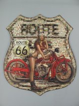 Metalen wandbord - Route 66 Dame op motorfiets - Vintage wanddecoratie - 80 cm hoog