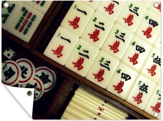 Tuinschilderij Een mahjong set in een houten doos - 80x60 cm - Tuinposter - Tuindoek - Buitenposter