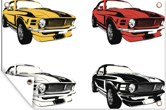 Muurdecoratie Vier illustraties van muscle auto's in verschillende kleuren - 180x120 cm - Tuinposter - Tuindoek - Buitenposter