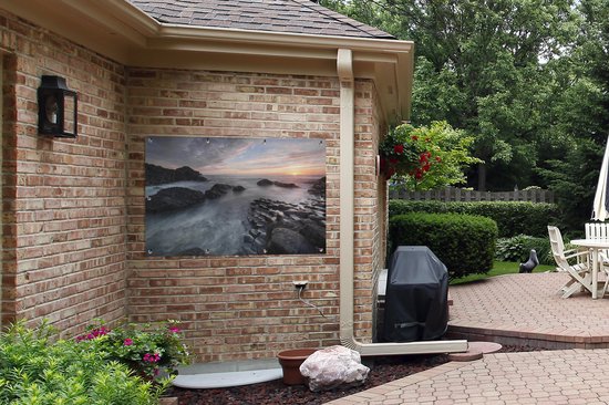 Coucher de soleil et eau courante sur la Chaussée des Géants en Irlande du Nord Affiche de jardin 120x80 cm - Toile de jardin / Toile d'extérieur / Peintures extérieur (Décoration de jardin)