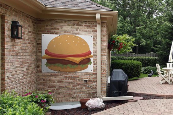 Tuinposter - Tuindoek - Tuinposters buiten - Een cartoon illustratie van een hamburger - 120x90 cm - Tuin
