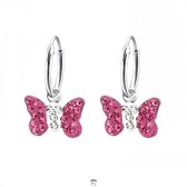 Oorbellen meisje zilver | Zilveren oorringen roze vlinders met kristallen