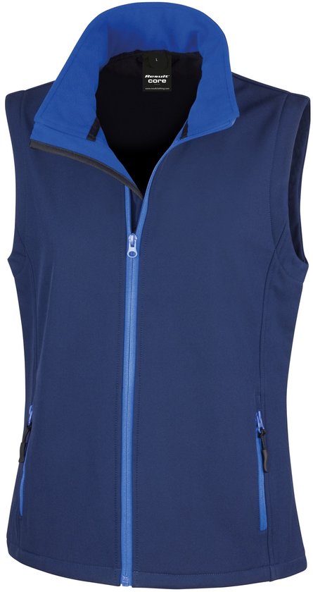 Donkerblauwe softshell bodywarmer voor dames met een koninklijk blauwe voering en kraag. Ritssluiting aan de voorkant en op de zakken.