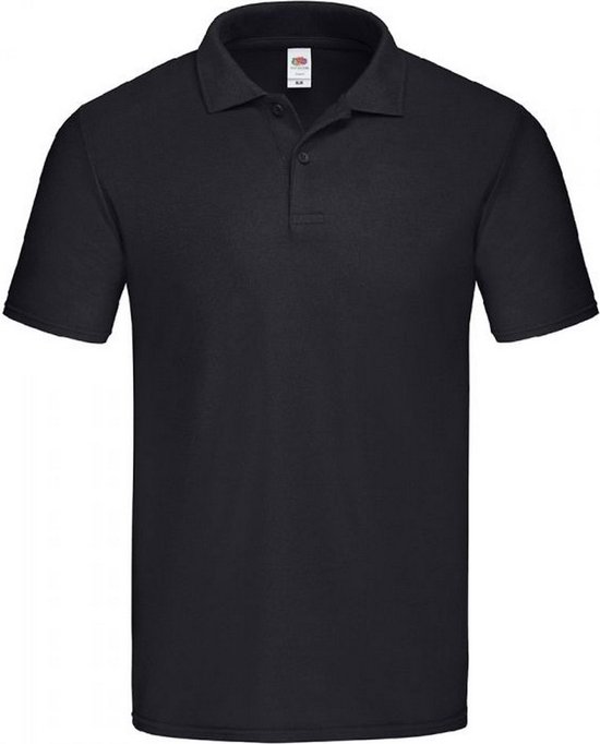 Zwart piqué poloshirt van Fruit of the Loom met korte mouwen en knoopsluiting.
