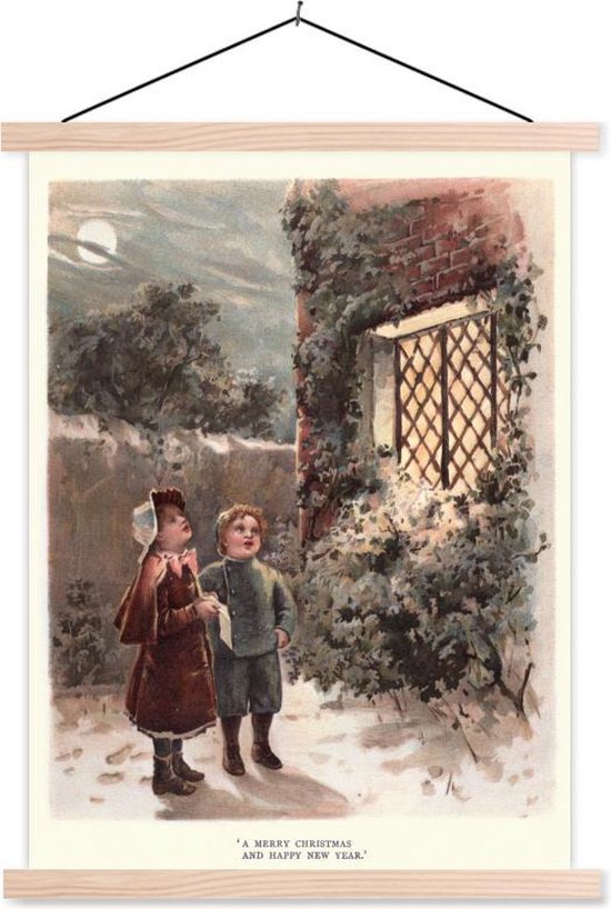 Posterhanger incl. Poster 120x160 cm - Schoolplaat - Portret Kerst - Winter - Vintage - Textielposter - Blanke latten
