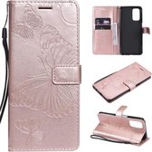 Voor OPPO A93 5G / A74 5G Geperst afdrukken Vlinderpatroon Horizontale flip PU lederen tas met houder & kaartsleuven & portemonnee & lanyard (roségoud)