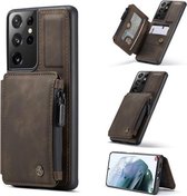 Voor Samsung Galaxy S21 Ultra 5G CaseMe C20 Multifunctionele PC + TPU Beschermhoes met Houder & Kaartsleuf & Portemonnee (Donkere Koffie)